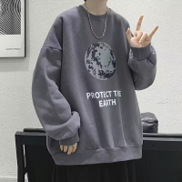 圓領大學t 加絨 內刷毛 oversize 大學T美式復古無帽衛衣男 春秋韓版寬鬆港風 休閒大學T 星球印花 衛衣男