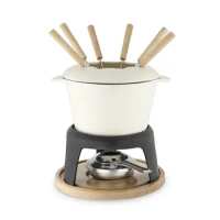 Kitchen Enamel Cast Iron Fondue Set - Cheese Melting Pot, Metal Stand, Stainless Steel Forks, Chrome Gel Burner, 8.5"