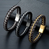 MKENDN Punk Wide Genuine Leather Chain Link Bracelet for Men Magnetic Stainless Steel Clasp Handmade Ideal Gift for Dad Son