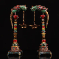 13"Tibetan Temple Old Bronze Outline in gold Painted Mosaic Gem Turquoise Bird Hang Oil lamp Candlestick A pair Worship Hall