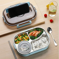 304不銹鋼飯盒 (四分格1500ml+餐袋) 上班族學生專用保溫分格便當 配湯碗筷子湯匙餐盒(顏色隨機)
