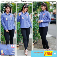 Baju Hem Ayumi OX Kemeja Wanita denim Biru Kekinian@@ Fit Kancing Linen Panjang