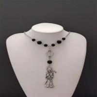 Santa Muerte necklaces, black glass bead necklace, Death necklace, mysterious Gothic crescent pendant, magic altar ceremony
