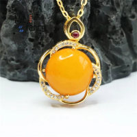 Natural S925 Inlaid With Old Material Honey Wax Chicken Oil Yellow Round Bead Necklace Pendant Versatile Exquisite Holiday Gift