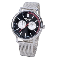 MINI Swiss Watches 石英錶 43mm 黑底二眼錶面 銀色網面錶帶