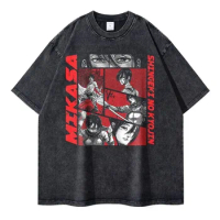 Mikasa Ackerman T Shirts Vintage Washed Anime Attack On Titan T-shirt Levi Eren Tshirts Shingeki No Kyojin Tops Tees 100%Cotton