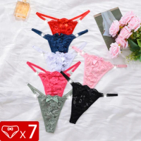 7PCS Women Sexy Thongs Lace Perspective Panties Underwear Low Waist Thin Strap Thongs Bow Ladies G-string Comfortable Lingere