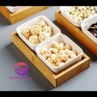 Tempat Set Snack Bumbu Saos Condiments Keramik Kayu