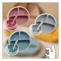 【萌萌小兔】矽膠吸盤餐具組 矽膠學習餐具(矽膠餐盤 矽膠湯匙 矽膠吸盤碗 寶寶碗 寶寶餐具 分格矽膠餐盤)