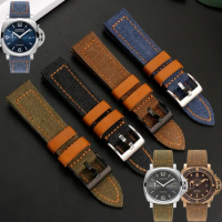 22mm 24mm For Panerai Breitling fossil Hamilton handmade canvas Cow leather bottom watch strap men's