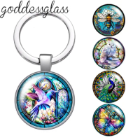 New Butterfly dragonfly hummingbird Owl Bee Photo 25mm glass cabochon keychain Bag Car key chain Ring Holder Charms keychain