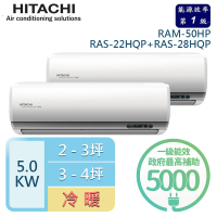 HITACHI 日立 2-3坪+3-4坪 R32一級能效變頻冷暖一對二分離式冷氣(RAM-50HP/RAS-22HQP+RAS-28HQP)