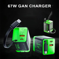 67W 3 IN 1 Gallium Nitride Fast Charging Charger 1 USB + 1 TYPE-C With TYPEC Wire Multi-functional F