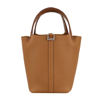 Hermes 愛馬仕 Picotin Lock 18CM T/C Y刻 方塊鱷魚手把牛皮桶包(AM 經典駝/銀釦)