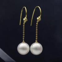 Free Shipping AAA 9-10MM White Freshwater Pearl Diamond Hook Drop Earrings 18K Yellow Gold New