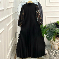 Rayya Long Dress Gamis Plisket Premium Motif Bunga Casual Panjang Silk Melar  Nyaman Wanita Kancing 