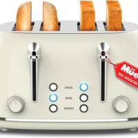 Mueller Retro Toaster 4 Slice with Extra Wide Slots Bagel Defrost &amp; Cancel Function 6 Browning Levels Dual Independent Controls