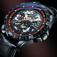AILANG Skeleton Automatic Mechanical Watch Men Luxury Waterproof Luminous Watches Men Leather Strap Black Steel Case Relogio