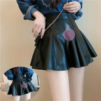 Summer Black Pleated Skirt Faux Leather Women's Invisible Open Crotch Outdoor Sex Fashion High Waist Short Skirt A- Line Skort