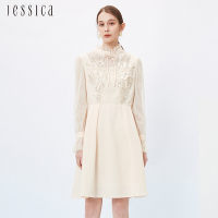 JESSICA - 甜美珠片花卉蕾絲拼接雪紡透膚長袖洋裝233Z74（米色）