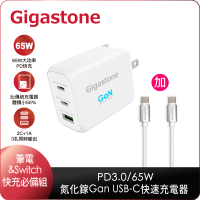 【Gigastone 立達國際】GaN 65W氮化鎵Type-C三孔急速快充充電器+C to C充電傳輸線(支援Macbook/Switch快充)
