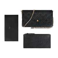 LV M64064 FELICIE POCHETTE金屬壓印LOGO老花牛皮釦式鍊帶三合一斜背包(黑)