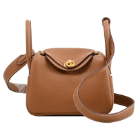 【Hermes 愛馬仕】Mini Lindy Bag 品牌經典款金釦手提包兩用包 18cm(金棕)