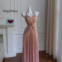lingzhiwu Golden Long Dress French Vintage Elegant Top Quality Formal Dresses Designer Halter Neck Slim Waist New Arrive