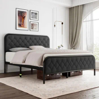 Queen Size Bed Frame with Linen Upholstered Headboard, Heavy Duty Metal Platform Bed with 12" Under-Bed Storage Space