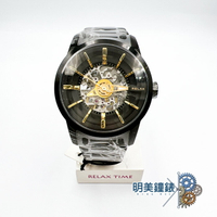 ◆明美鐘錶眼鏡◆Relax time/RT-38J-2/鏤空機械腕錶-黑X金/購買有送手錶收藏盒