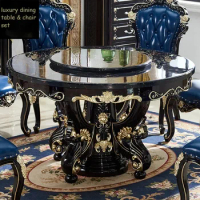 Deluxe European pure solid wood round marble dining table and chairs combination American carved 6-person household dining table
