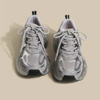 Ruoji Gray Dad Shoes Women's 2024 Spring New Soft Leather Breathable Mesh Platform Height Increasing Sports Shoes