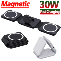 30W Magnetic Wireless Charger Pad Macsafe Foldable for iPhone 14 13 12 Pro Max Apple Watch 8 7 AirPods 3 in 1 Fast Charging Dock