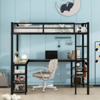 Full Metal Loft Bed with Desk and Shelves, Loft Bed with Ladder and Guardrails, Loft Bed Frame for Bedroom