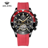 AILANG Automatic Mechanical Watch Top Brand Luxury Tourbillon Red Silicone Men Watch Calendar Display Waterproof Luminous Reloj