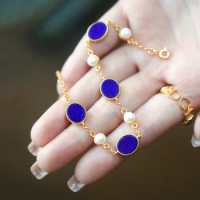Retro gold inlaid pearl lapis lazuli bangles Blue oval bracelet for women Simple Fashionable and high-end charm jewelry