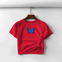 Kaos Crop Top Korea Wanita Slimfit Kaos Putih Ramping Dengan Motif Kupu-Kupu Biru | Baju Croptee Cre