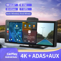 4K 10.26" Dash Cam ADAS Wireless CarPlay Android Auto WiFi Car DVR Dashboard AUX GPS Navigation Rearview Camera Video Recorder