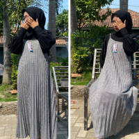 OVERALL JUMPSUIT PLISKET KOTAK BAHAN SPANDEK WOLL DRESS PANJANG WANITA TERBARU Motif Hitam