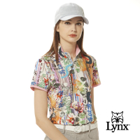 【Lynx Golf】女款歐洲進口布料柔軟舒適假兩件袖口設計滿版花布短袖立領POLO衫(灰褐色)