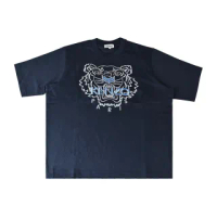 【KENZO】KENZO 刺繡LOGO藍虎頭設計純棉寬鬆短袖T恤(藍黑)