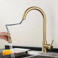 Kitchen Faucet SUS304 Stainless Steel Kitchen Pull Faucet Induction Hot and Cold Retractable Brushed Gold Black Touch Faucet