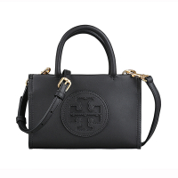TORY BURCH ELLA BIO圓形皮標鏤空字母LOGO設計生物基皮革吸釦式手提斜背包(迷你/黑)