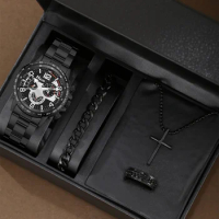 Stylish and handsome mechanical style men's quartz watch + cross three-piece set