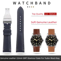 Soft Vintage Leather Watch Band 22mm For Tudor Strap Black Bay 1958 41mm GMT Pelagos Folding Buckle Black Brown Blue Wristband