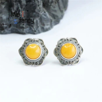 Natural S925 Silver Inlaid Wax Flower Chicken Oil Yellow Amber Honey Earring Simple Generous Personality Fashion Retro Wome Gift