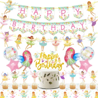 Fairy Birthday Party Decor Happy Birthday Banner Fairy Cake Topper Foil Balloons Tablecloth for Fairy Garden Party Supplies