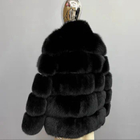 Real Fur Coat for Women, Natural Fox Fur Jacket, Standing Collar Coat, Authentic Fashion, Luxury, Free Shipping, 2023