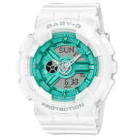 【CASIO 卡西歐】G-SHOCK 季節限定冬日光彩 色彩繽紛 經典雙顯手錶 綠白 BA-110XWS-7A_43.4mm