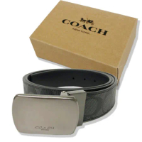 【COACH】方頭C LOGO寬版男款皮帶禮盒(方頭-PVC黑灰)